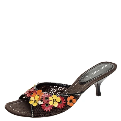 Pre-owned Miu Miu Multicolor Canvas Floral Applique Slide Sandals Size 37.5 In Black