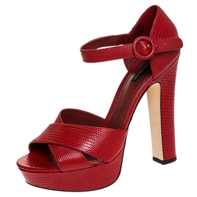 Pre-owned Dolce & Gabbana Red Embossed Lizard Leather Cross Strap Platform Sandals Size 41