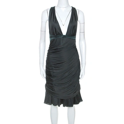 Pre-owned Roberto Cavalli Dark Green Stretch Knit Flared Bottom Draped Midi Dress L