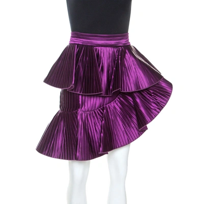 Pre-owned Balmain Purple Satin Pleated Asymmetric Ruffled Mini Skirt S