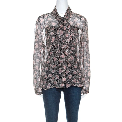 Pre-owned Giorgio Armani Black And Pink Floral Print Sheer Silk Blouse L In Multicolor