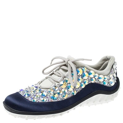 Pre-owned Miu Miu Blue/grey Embellished Satin And Mesh Astro Trainers Size 35