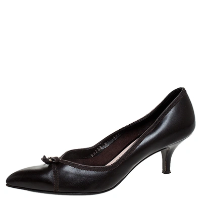 Pre-owned Ferragamo Dark Brown Leather Bow Kitten Heel Pumps Size 38.5