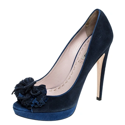 Pre-owned Miu Miu Blue Suede Tassel Detail Peep Toe Platform Pumps Size 39