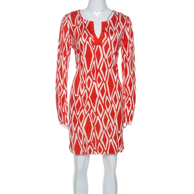 Pre-owned Diane Von Furstenberg Coral Red Ikat Print Silk Reina Long Sleeve Dress L