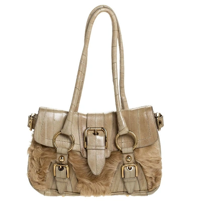 Pre-owned Dolce & Gabbana Off White Leather And Fur Shoulder Bag