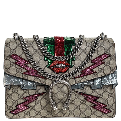 Pre-owned Gucci Beige Gg Supreme Canvas Medium Sequin/crystal Embellished Dionysus Shoulder Bag