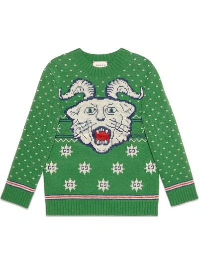 Gucci Kids' Children's Sweater With Horned Feline In Green