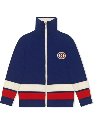 Gucci Kids' Children's Wool Cardigan With Interlocking G Torchon In Blue