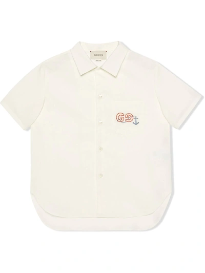 Gucci Kids' Cotton Shirt With Gg And Anchor Embroidery In White