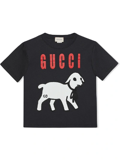Gucci Kids' Lamb Print Cotton T-shirt In Black