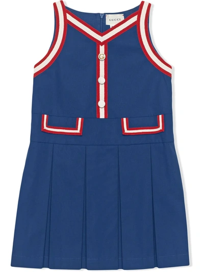 Gucci Kids' 条纹滚边百褶连衣裙 In Blue