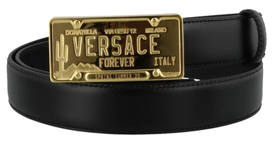 Versace Logo License Plate Leather Belt In Neroorocaldo