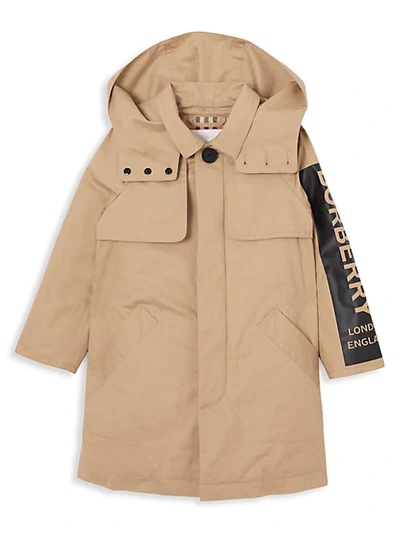 Burberry Kid's Daxton Hooded Trench Coat In Honey