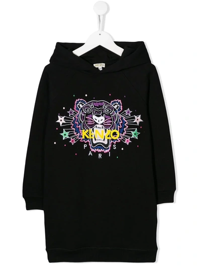 Kenzo Kids' Girl's Tiger Star Embroidered Hoodie In Black