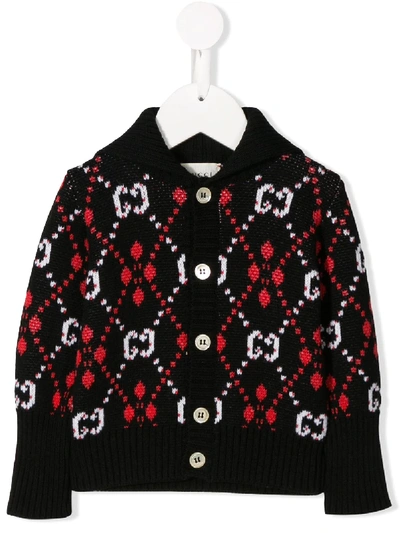 Gucci Babies' Black Cardigan With Red Logo Trama