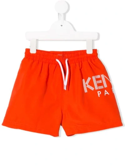 Kenzo Kids' Logo Print Swimming Trunks In Orange
