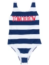 Alberta Ferretti Kids' Blue And White Girl Swimsuit With Red Tomorrow Writing