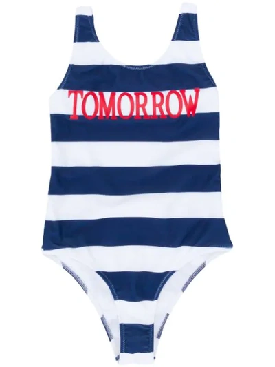 Alberta Ferretti Kids' Blue And White Girl Swimsuit With Red Tomorrow Writing