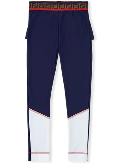 Fendi Kids' Blue And White Fabric Leggings In Dark Blue