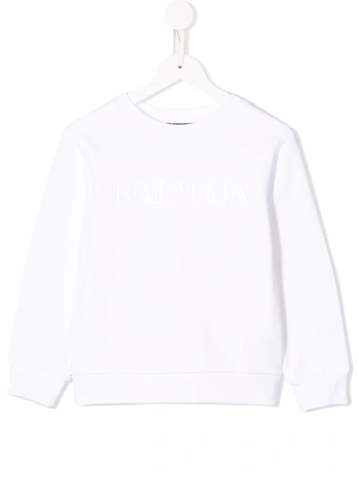 Balmain Kids' Hoodless Cotton Sweatshirt In Bianco