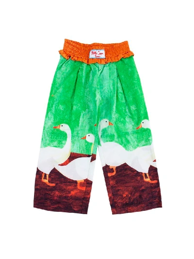 Stella Jean Kids' Girl Trousers Printed With Geese In Acid Green