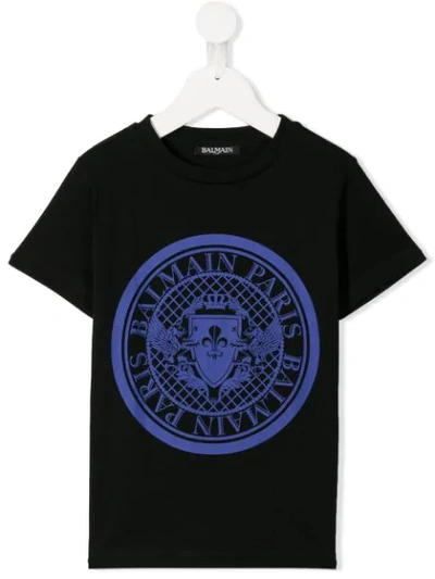 Balmain Kids' Round Logo Print T-shirt In Nero/azzurro