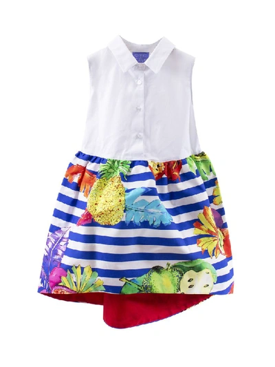 Stella Jean Kids' Girl Striped Dress With Fruits In Blue