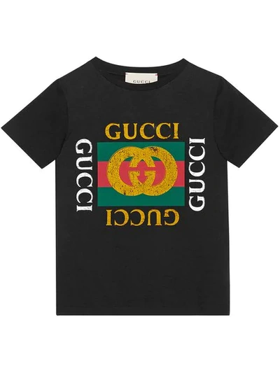 Gucci Kids' Black T-shirt With Multicolor Frontal Press In Black Green Red