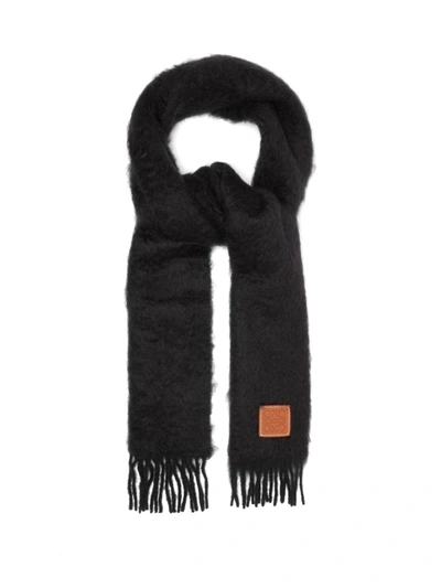 Loewe Fringed Leather-trimmed Mohair-blend Scarf In Black