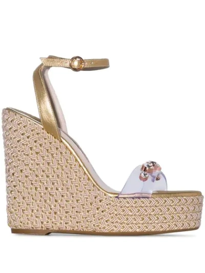 Sophia Webster Dina Leather And Crystal-embellished Pvc Espadrille Wedge Sandals In Gold