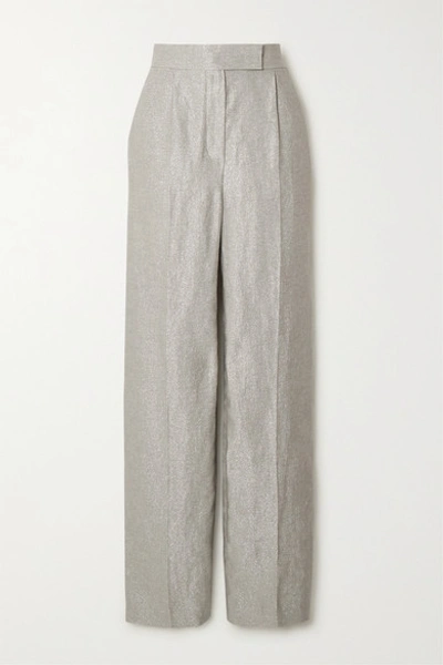 Brunello Cucinelli Metallic Linen-blend Straight-leg Pants In Silver