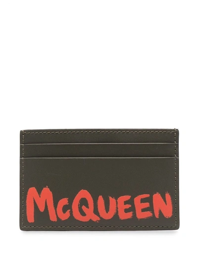 Alexander Mcqueen Leather Card Holder With Contrasting Logo Print In Grn/orange