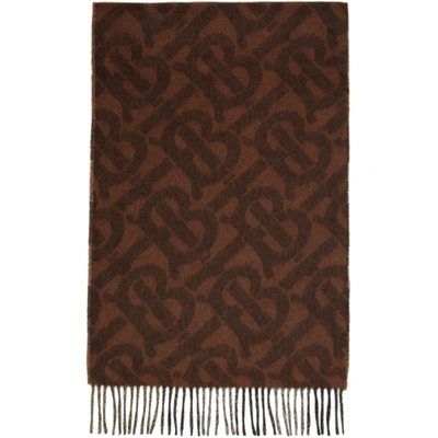 Burberry Reversible Brown Cashmere Mega Check And Monogram Scarf In Dark Chestn