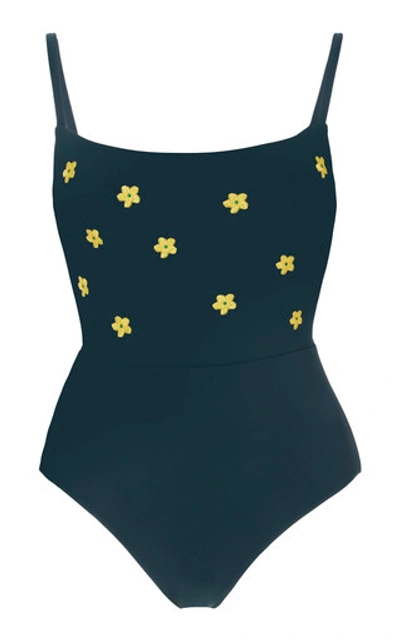 Anemone Floral-embroidered Swimsuit In Green