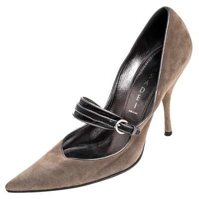 Pre-owned Casadei Dark Beige Suede Strap Pointed Toe Pumps Size 37.5