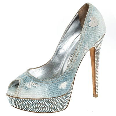 Pre-owned Philipp Plein Phillip Plein Blue Crystal Embellished Distressed Denim Peep Toe Platform Pumps Size 39