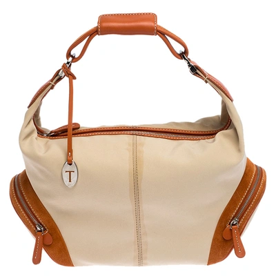Pre-owned Tod's Beige/orange Nylon And Leather Charlotte Hobo