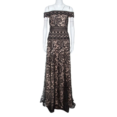 Pre-owned Monique Lhuillier Black Lace Off Shoulder Gown M