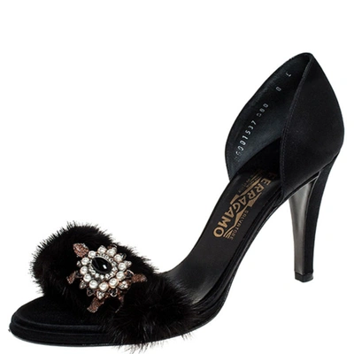 Pre-owned Ferragamo Black Crystal Embellished Fur And Satin Open Toe Sandals Size 38.5