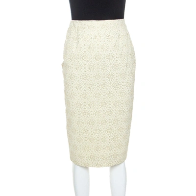 Pre-owned Celine Yellow Stretch Embossed Lurex Jacquard Pencil Skirt S