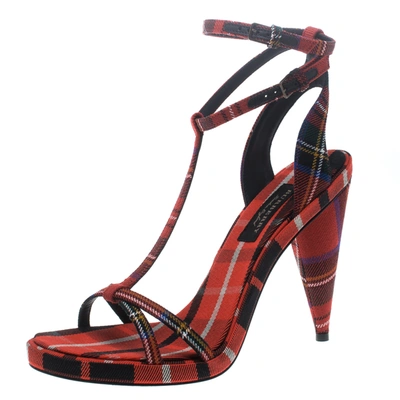 Pre-owned Burberry Red Checkered Wool Hans T Strap Sandals Size 41 In Multicolor