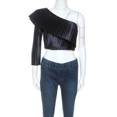 Pre-owned Balmain Midnight Blue Satin Pleated One Shoulder Crop Top S