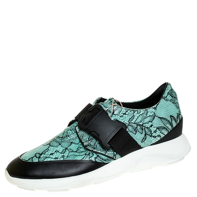 Pre-owned Christopher Kane Black/blue Lace Print Leather Safety Buckle Low Top Sneakers Size 38