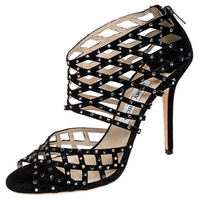 Pre-owned Jimmy Choo Black Suede Crystal Embellished Cut Out Strappy Sandals Size 40.5