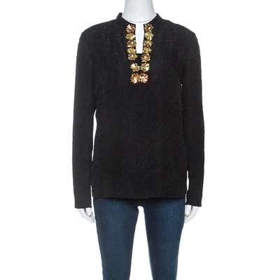 Pre-owned Tory Burch Black Embossed Silk Embellished Tunic Top M