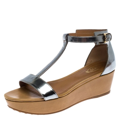 Pre-owned Tod's Metallic Silver Leather T-strap Wedge Platform Ankle Strap Sandals Size 37.5