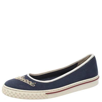Pre-owned Gucci Blue/white Denim Logo Ballet Flats Size 39.5 In Beige