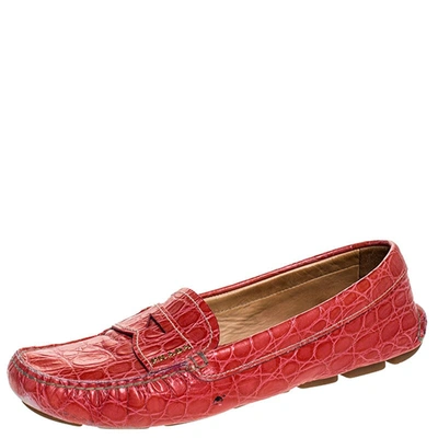 Pre-owned Prada Red Croc Embossed Leather Penny Loafers Size 38