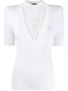 Balmain Lattice Neck T-shirt In White